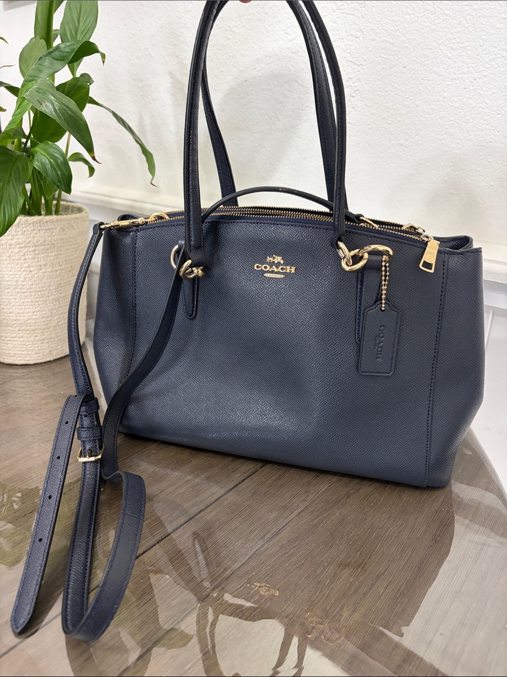 Authentic Coach Leather Christie Carryall Purse Handbag Navy Blue